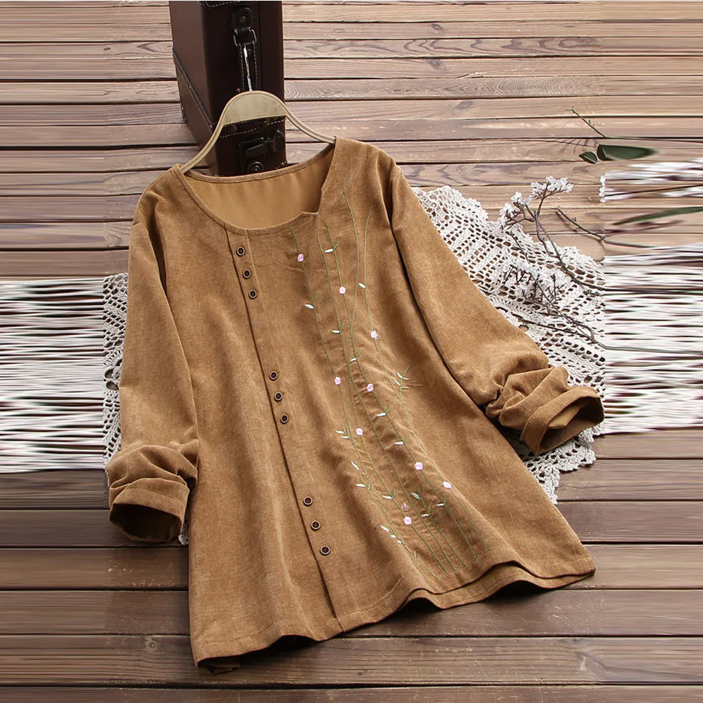 Женские блузки размера плюс с длинным рукавом вельветовые круглым вырезом