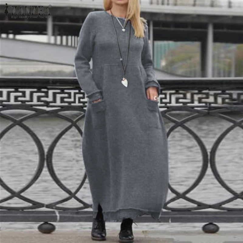 Модное женское длинное платье-Толстовка ZANZEA, Осеннее кружевное платье с длинным рукавом, сарафан в стиле пэчворк, однотонное платье, женское платье, зимние платья