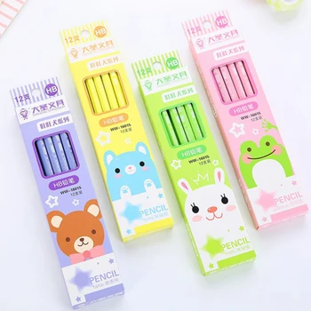 

12pcs/set Kawaii Cartoon Animal HB Head wooden pencil with eraser children pencils For Kid School Office Supply