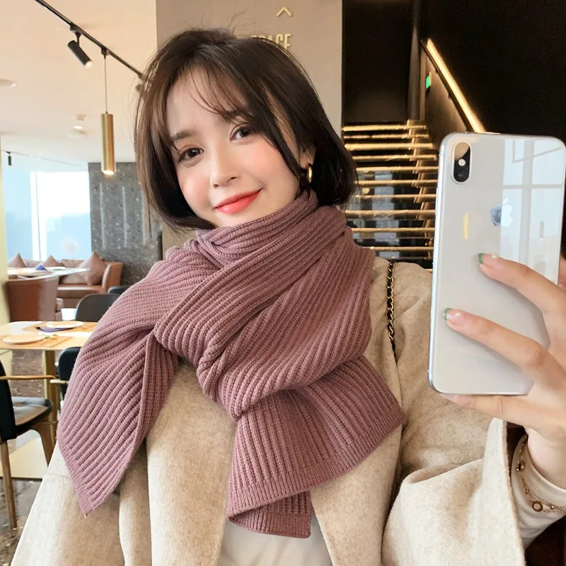 

Ins Harajuku style thick wool knitted scarf women winter Korean version of wild warmth Japanese students pure color scarf trend