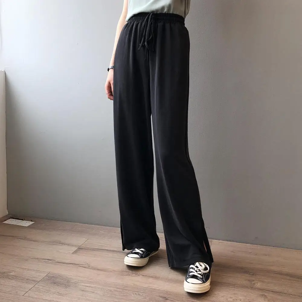 

2020 Korean Style Pants Women Streetwear Wide Leg High Waist Summer Loose Vintage Casual Black Trousers Green Womens Clothes