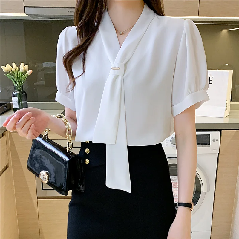 Blusas blancas De manga corta para Mujer, blusa De Moda con lazo y cuello en camisa De gasa para E926 2022 - AliExpress Ropa de mujer