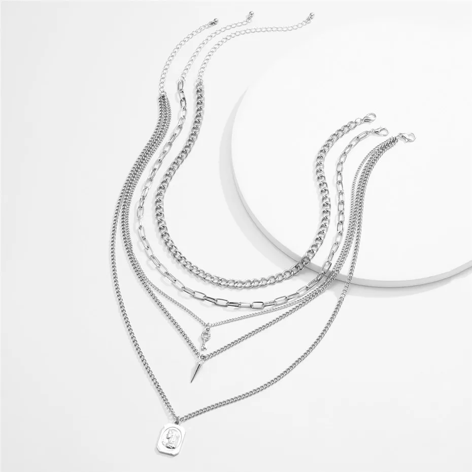 YienDoo Punk Layered Chain Necklace - Silver Paperclip Choker With Coin Pendant, Statement Jewelry