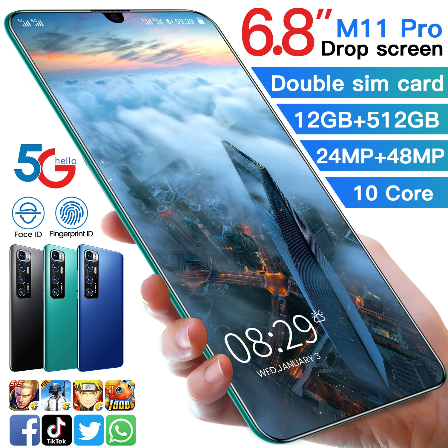 Smartphone Xiao M11 Pro Snapdragon888 4G/5G  Android11 6.8Inch Deca Core 48MP 12G+512G Undefined Global Version Mobile Phone