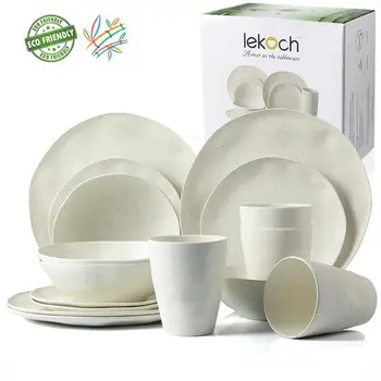 

European tableware 16pcs for 4 person Bamboo fiber Household Dishware Set Simple dishes salad Soup bowl Steak plate Western dish