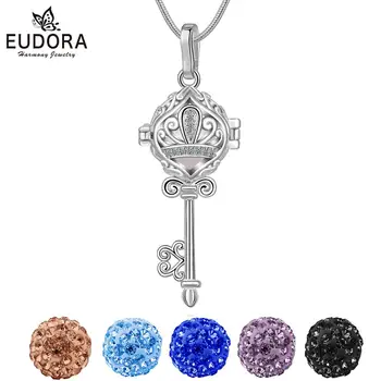 

Eudora Silver Crystal Key Locket cage Necklace Hollow Out Cage Pendant fit 8 mm Crystal Ball pearl bead Jewelry Collier K310