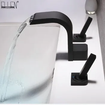 

3 Hole Deck Mounted Bathroom Sink Faucet Widespread Black Water Mixer Dual Handle Hot Cold Mixer Tap ELK1118-3W