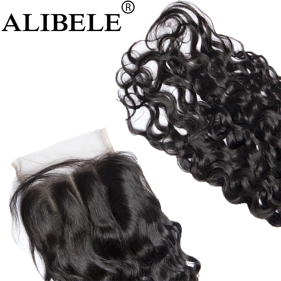 AliBele перуанские вьющиеся волосы Кружева Закрытие 4x4 часть натуральный Цвет Remy человеческие волосы 130% плотность швейцарский шнурок
