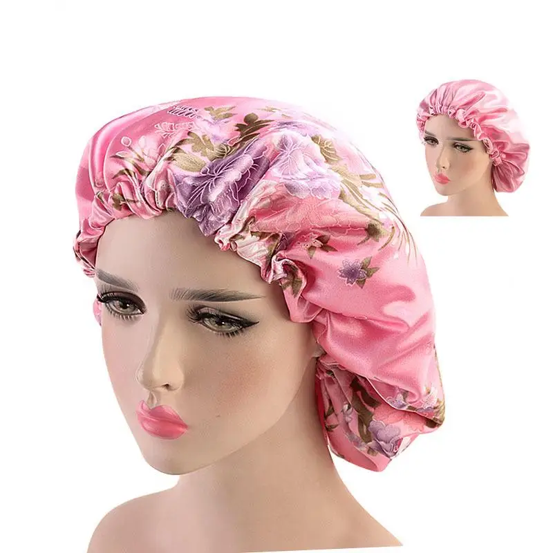 Новая Женская атласная шапка для ночного сна головной убор шелковая крышка головы эластичная лента с принтом головной убор Ночная шапочка Уход за волосами - Цвет: Pink