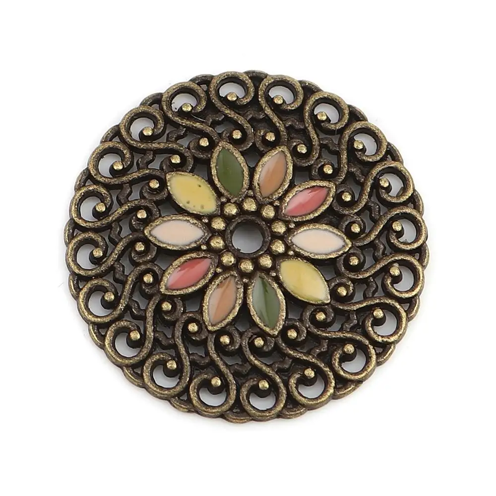 

8Seasons Bohemian Zinc Alloy Connectors Round Antique Bronze Multicolor Filigree Enamel DIY Making Jewelry 25mm Dia., 10 PCs