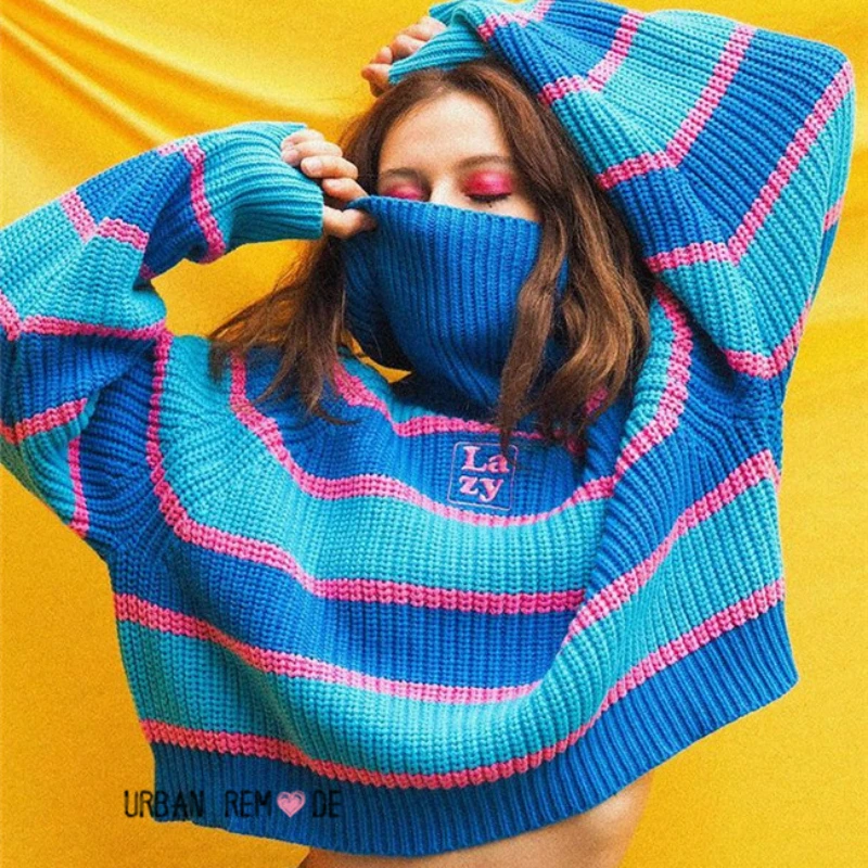 Harajuku модный Водолазка с длинным рукавом Женский вязаный свитер Ленивый Стиль Синий Полосатый пуловер свитер пальто