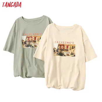 

Tangada women 70s print cotton T shirt short sleeve Boyfriend style oversized casual tee shirt street wear top BAO10