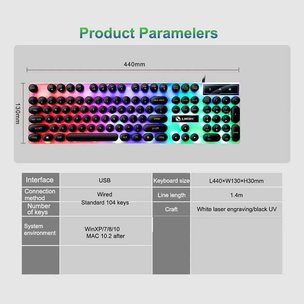 Teclado mecánico Punk con cable para videojuegos, periférico Retro retroiluminado con botón flotante, color blanco y negro, para PC y portátil, 104 teclas - Imagen 6