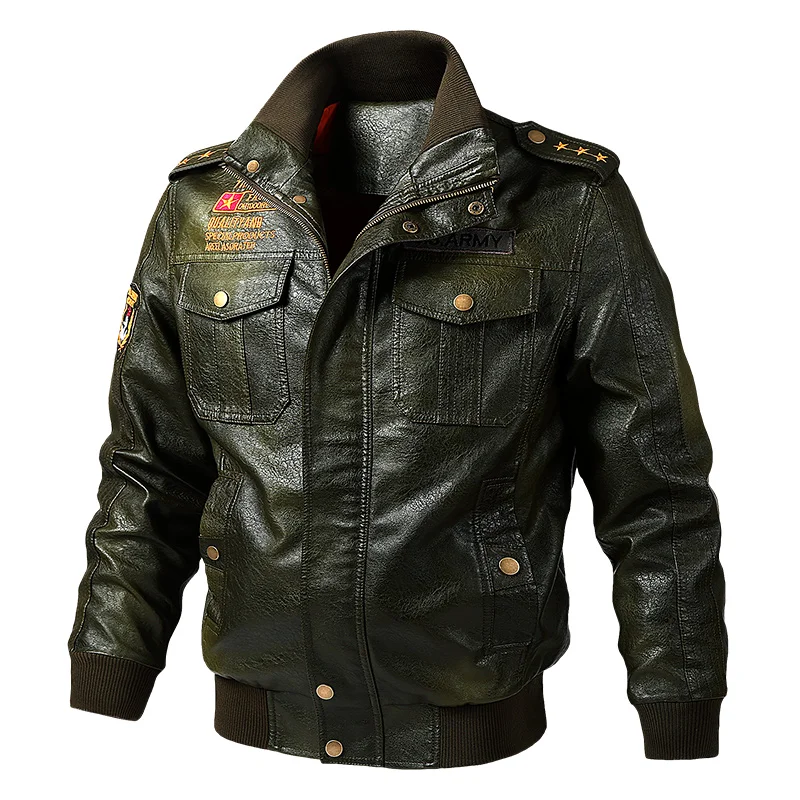 Army green 2 Мужская кожаная куртка, приталенное пальто, мужская куртка со стоячим воротником, пальто из искусственной кожи, байкерские куртки, повседневная мотоциклетная куртка из искусственного меха, M-6XL флисовая куртка - Цвет: Army green 2