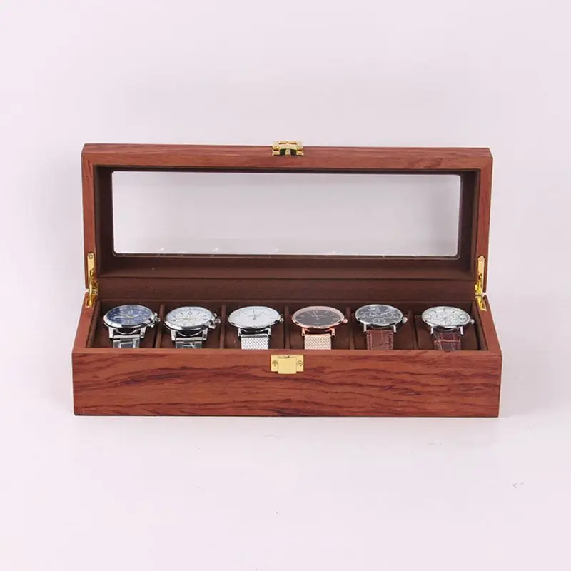 6 слотов Деревянный чехол часы циферблат деревянная коробка для хранения с замком модные часы подарок ювелирные изделия дисплей коробки