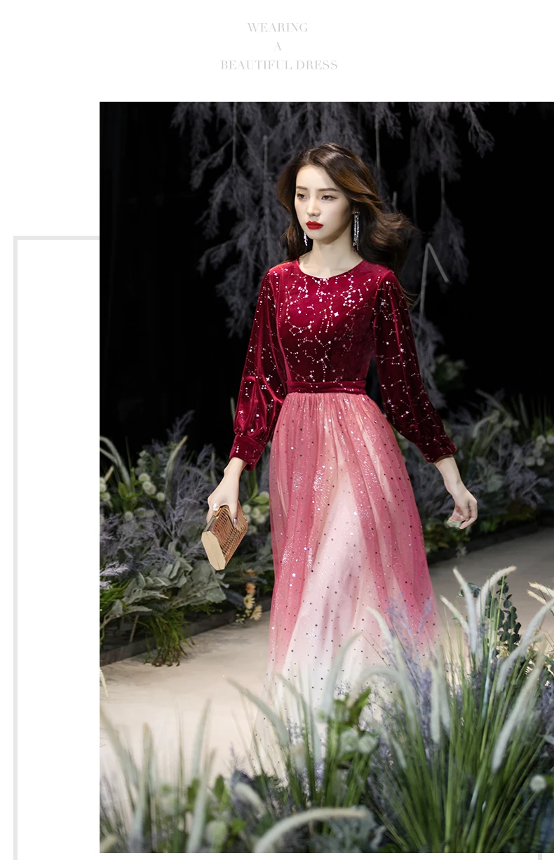 AE681 Robe De Soiree красное вино ТРАПЕЦИЕВИДНОЕ с круглым вырезом 3/4 рукав Тюль Вечерние платья Длинные элегантные платья для вечеринок