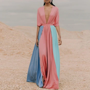 

Sexy patchwork swimsuit cover ups female 2020 Deep v neck dress women Sarong long beachwear cover ups Summer Kaftan bathing suit