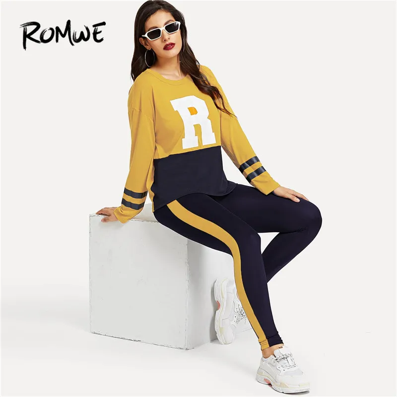 Romwe/Спортивная футболка с цветными блоками и надписью; компрессионные штаны; Женский комплект 2 шт. осенняя одежда с круглым вырезом; спортивная одежда с длинными рукавами