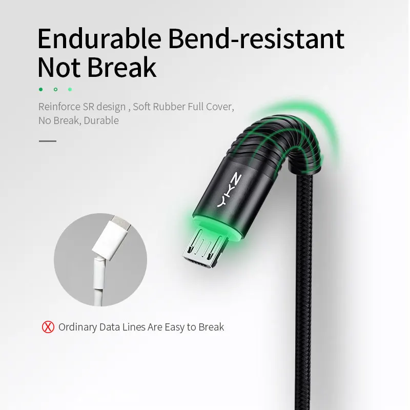 Кабель Micro USB YKZ 3 А со светодиодной подсветкой и поддержкой быстрой зарядки|Кабели