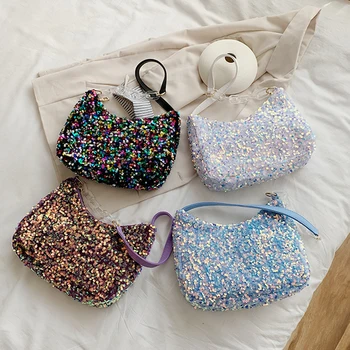 

2020 Women Shoulder Bag Fashionable Sequins Single Shoulder Bag for Daily Beach Travel Shopping Shoulder Bag Female Handbag