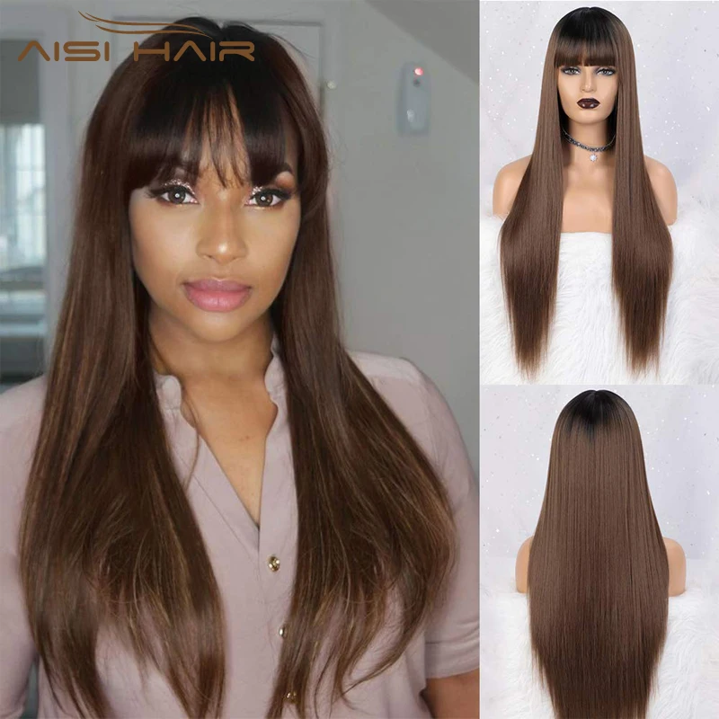 AISI HAIR 30 дюймов прямой длинный парик Омбре черный коричневый с челкой