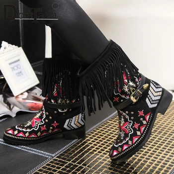 

DORATASIA Big Size 34-43 Brand New Ladies Chunky Heels Ankle Boots Fashion Fringe Embroider Boots Women Party Shoes Woman