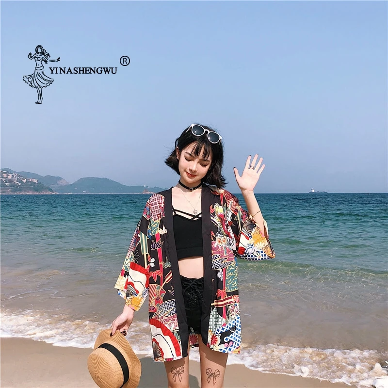 Yukata женский кимоно кардиган Япония Кимоно Одежда Азия летняя рубашка с принтом рыбы Топ повседневные кимоно Kawaii кимоно костюм для косплея