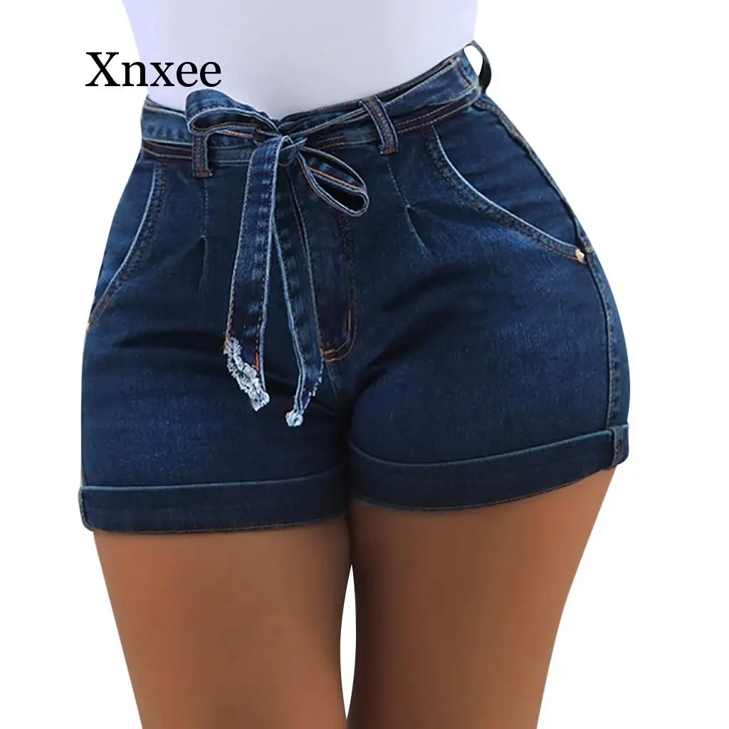 

blue shorts belt denim sexy beach wear Clothes Shorts Plus Waist High Elastic Denim Shorts Female Summer Cotton Linen Black