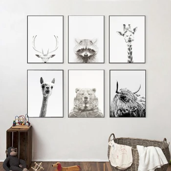 

Black and White llama Print Nursery Decor Wall Art Baby Room Poster Animal funny Giraffe Cow Raccoon Pictures Kids Children Gift
