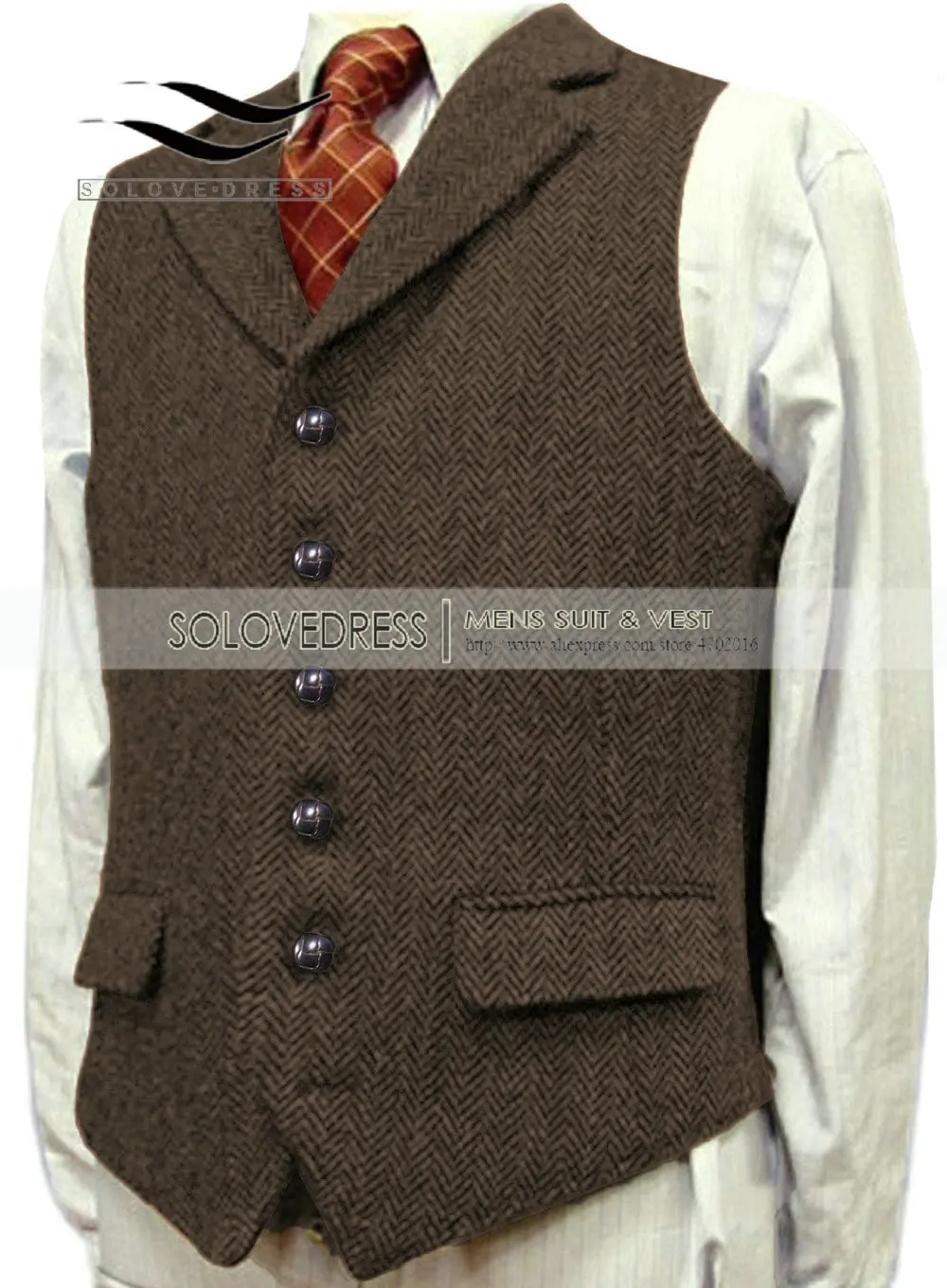 Men's Wool Tweed Slim Fit Leisure Cotton Suit Burgundy Vest Gentleman Herringbone Business Brown Waistcoat For Wedding Groom 4