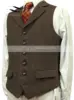 Men's Wool Tweed Slim Fit Leisure Cotton Suit Burgundy Vest Gentleman Herringbone Business Brown Waistcoat For Wedding Groom 4
