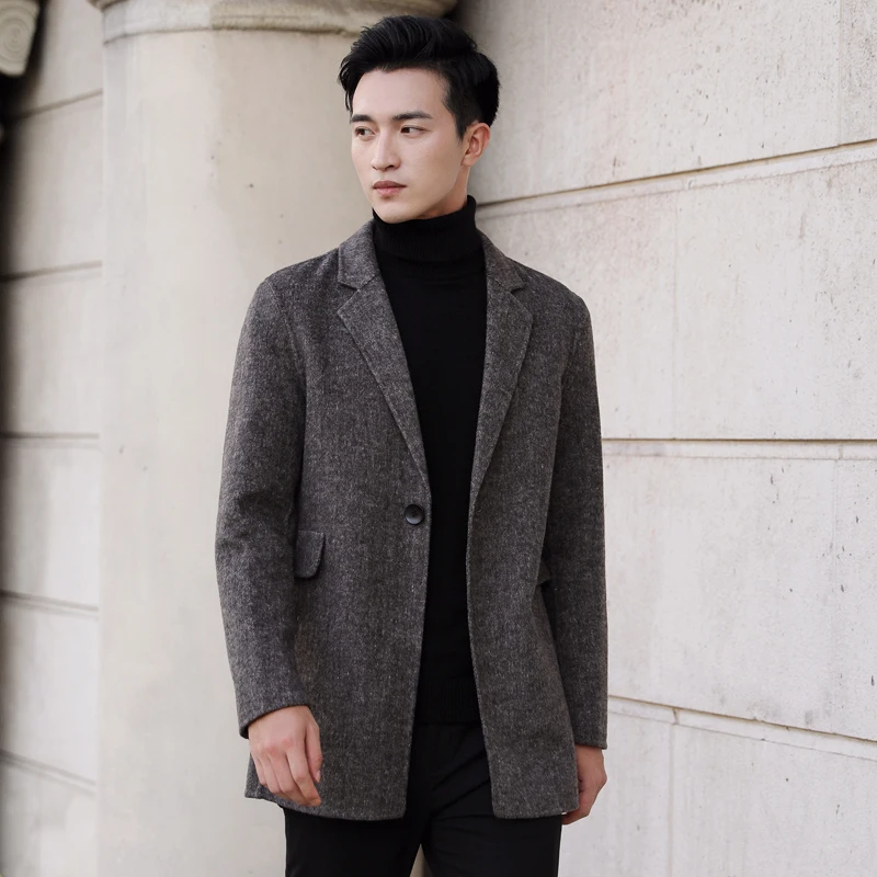 

British style Double-faced Woolen Coat Men Turn-down Collar One Button Autumn Winter High-end Warm Long Trench Overcoat Outwear