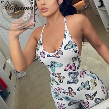 

Colysmo Butterfly Print Jumpsuit Women Summer Sleeveless Shoulder Strap Cross Backless Sexy Jumpsuits Bodycon Overalls For Women