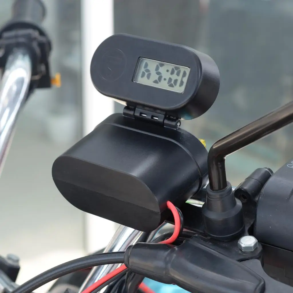 Waterproof Motorcycle 3.1A Dual USB Phone GPS Charger LED Clock Indicator