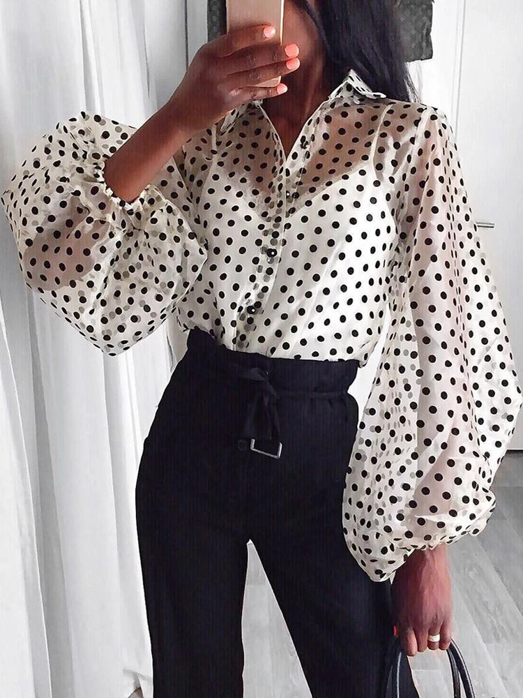 Sexy Women Mesh Sheer Blouse Tops See-through Lantern Long Sleeve Dot Printed Pearl Button Transparent White Shirt Female Blusas sexy blouses for women