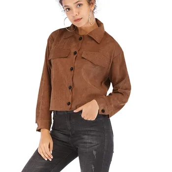 

Fashion Women Long Sleeve Thin Corduroy Solid Coat Casual Botton Turn-down Collar Smooth Cool Short Outwear Autumn Coat jaqueta