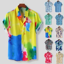 Casual Men Shirts Colorful 10 colors M-3XL Tie-dye Print Summer Short Sleeve Loose Buttons Casual Shirt turn down collect Z4 new