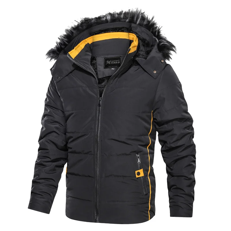 Brand Winter Jacket Men Down Parkas Fur Hooded Jacket Men's Thick Warm Snow Parka Fleece Jacket Overcoat Windbreaker Warm Parkas - Цвет: Black MG7569