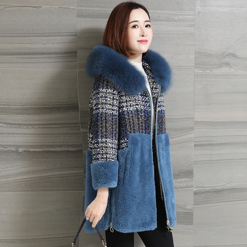 

2020 Winter Coat Women Real Fur Coat Female Fox Fur Collar Sheep Shearling Jacket Long Tweed Coats Manteau Femme MY4433