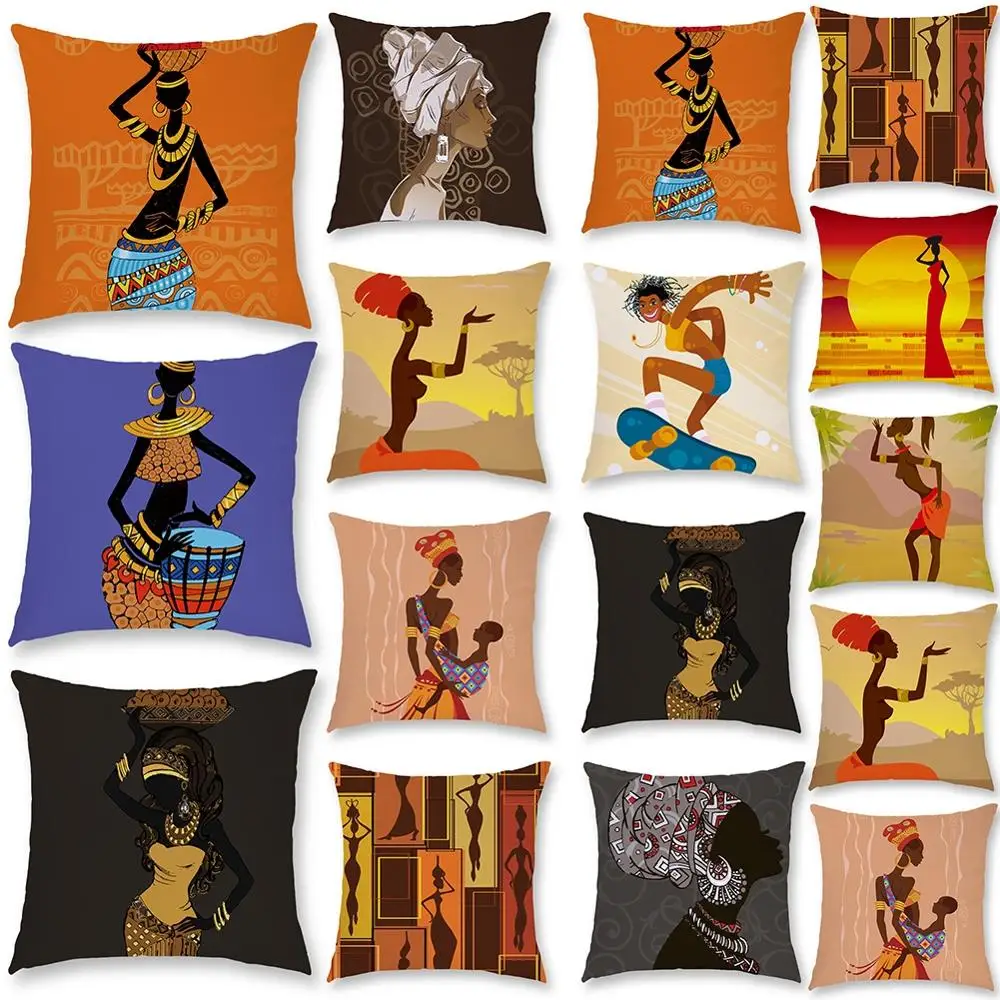 

Beautiful African Woman Polyester Pillow Case Happy New Year Cushion Cover Home Sofa Decorative