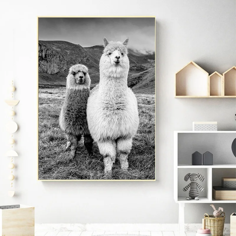 Черно-белая горная альпака, украшение для дома, настенная живопись в скандинавском стиле, плакат, милое животное, альпака, комната для маленького мальчика без рамы