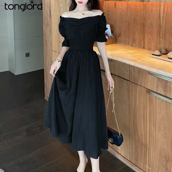 

Tonglord 2020 New Summer Short Sleeve Women's Dress Vintage Female Solid Chiffon Dresses Strapless Elastic Waist A-line Vestidos
