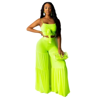 

Sexy Two Piece Pants Set Women Holiday Bow Tie Crop Top and Wide Leg Pants Set Suit Beach Party Neon 2 Piece Women Set Clothes