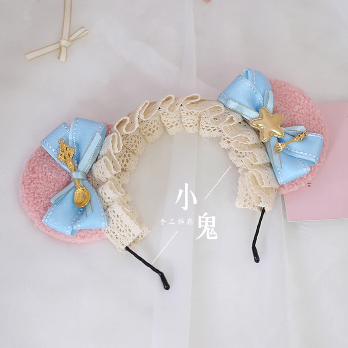 Light Blue Лолита медвежьими ушками, повседневное Хлопковое платье, повязка на голову, повязка на голову с милым бантом KC аксессуары для волос в стиле «лолита» повседневные милые Hairhoop ручной работы украшения для волос Косплэй - Цвет: Light Blue