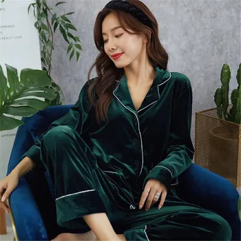 

2 Pieces Winter Warm Pajamas Set Women Sexy Diamonds Trim Lapel Pajamas Ladies Fashion Velvet Sleepwear Loose Nightwear Homewear