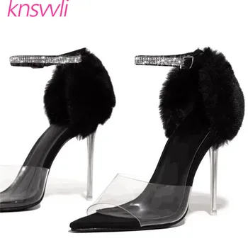 

New Sexy High Heels Sandals Women PVC Runway Show Shoes Woman Rhinestone Buckle Strap Rabbit Hair Clear Thin Heel Women Pumps