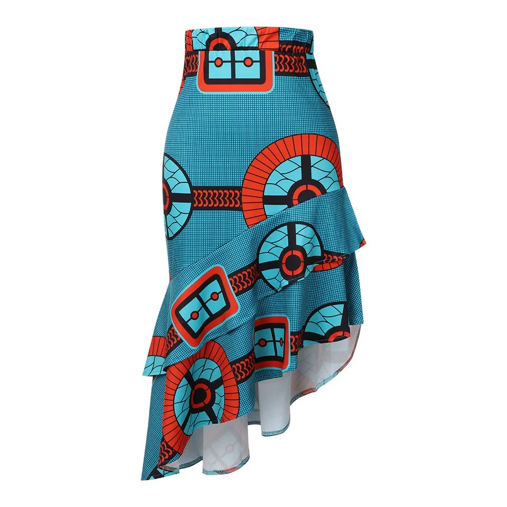 SUNGIFT Dashiki African Dresses For Women Double-layered Ruffled Hem Africa Digital Print Elegant Length Skirt African Clothing