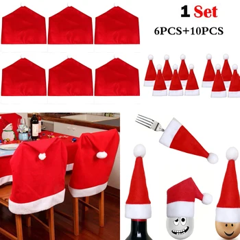 

10PCS Santa Hat 6PCS Chair Covers Christmas Decor Dinner Chair Xmas Cap Sets Christmas Furniture Decorations For Home Navidad MF