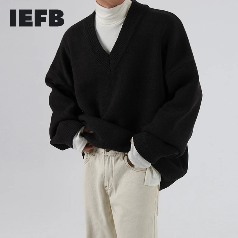 Loose-Style Sweater Iefb/mens Knitted-Tops V-Neck Thickened Vintage Male Winter Fashionable