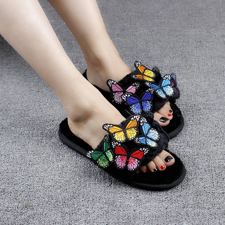 

2018 Winter Which in Origional New Style Colorful Embroidered Butterfly Plush Sandals Parent And Child-Anti-slip Rubber Sole Wom